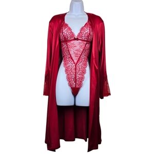 Victoria's Secret Womens Chantilly Lace Satin Wrap Robe & Lace Bodysuit Size XS